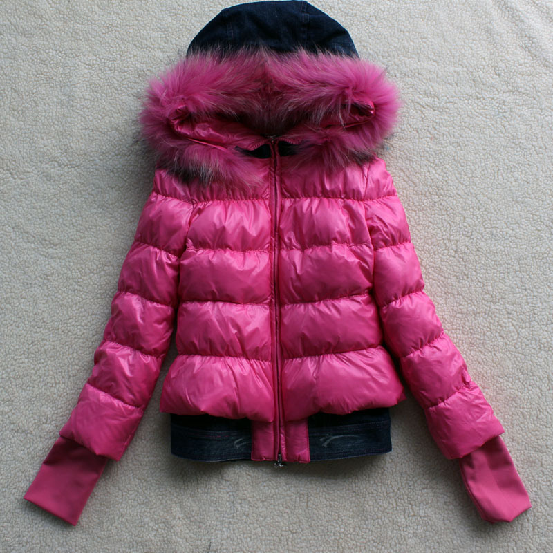 2012 winter women's fashion denim rabbit fur slim short design hooded down coat red free shipping