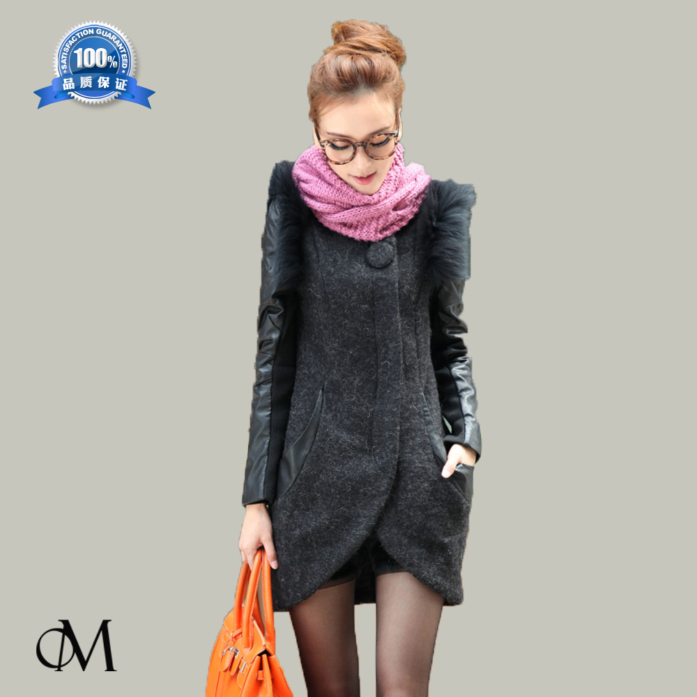 2012 winter women's fashion wool PU water washed leather patchwork long sleeve length woolen outerwear 1407