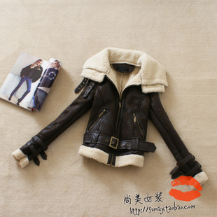 2012 winter women's full plush lining double layer turn-down collar belt slim leather clothing,lady fashion jacket