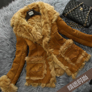 2012 winter women's fur coat fur one piece wool slim overcoat