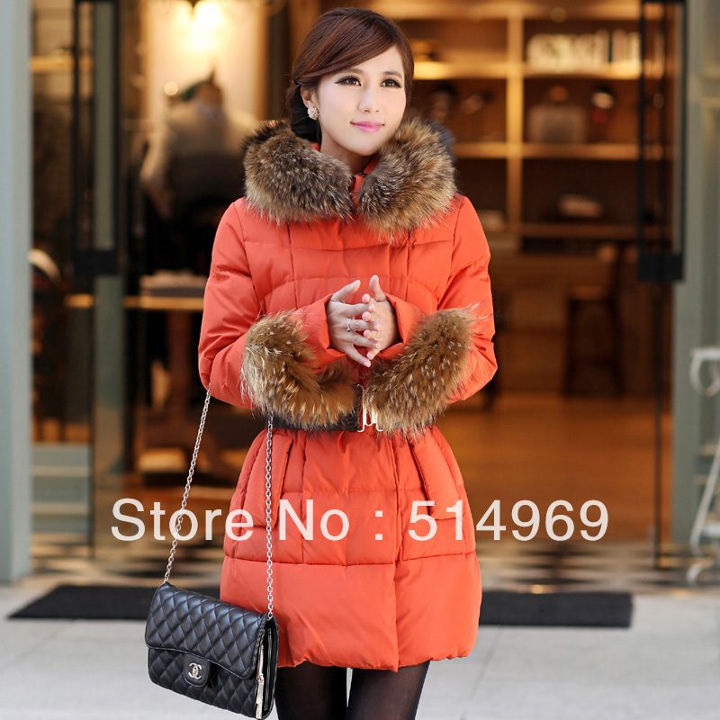 2012 winter women's large fur collar fur medium-long down coat