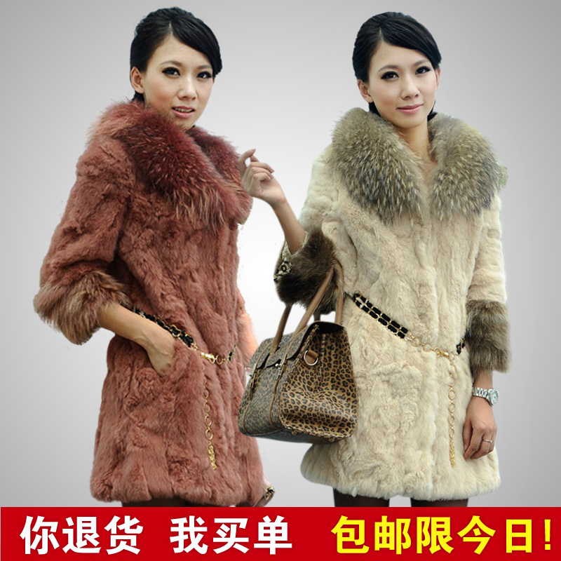 2012 winter women's large raccoon fur rabbit fur wrist-length sleeve slim fur medium-long outerwear