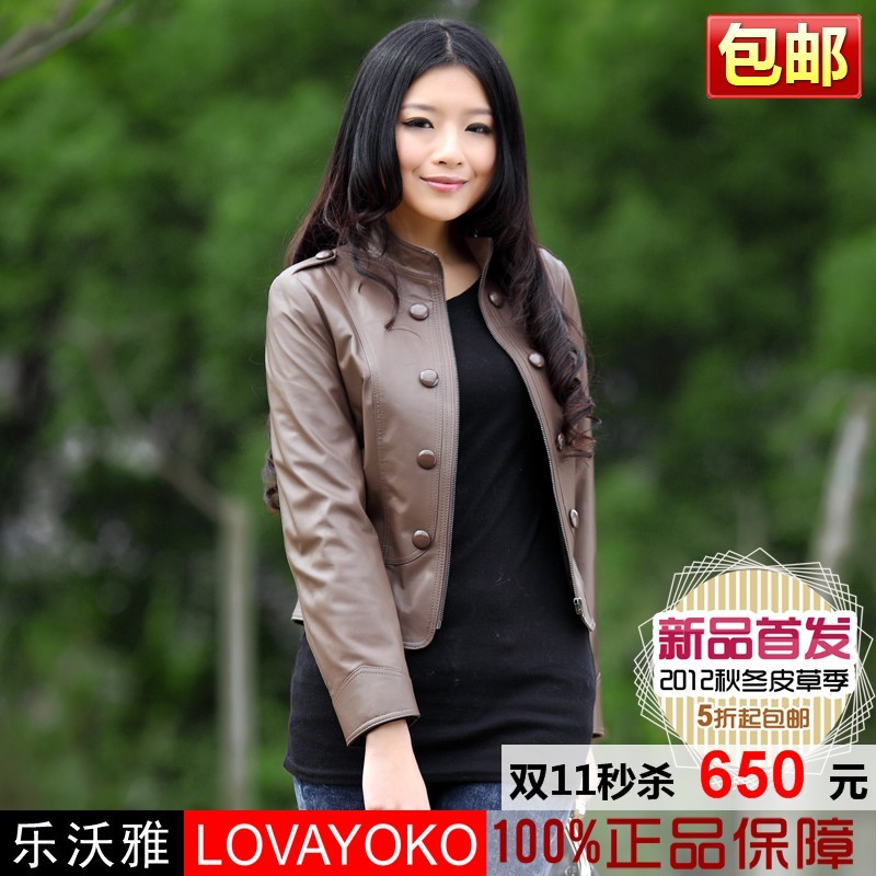 2012 winter women's leather jacket sheepskin outerwear double breasted epaulette stand collar zipper leather clothing