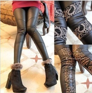 2012 winter women's mushroom faux leather leopard print zipper add velvet legging