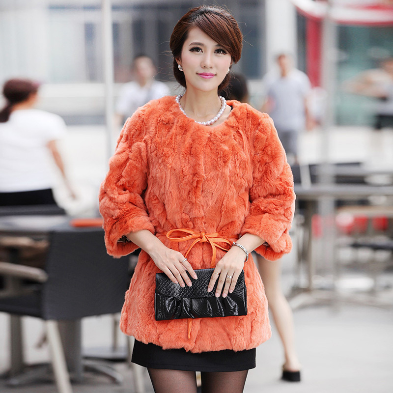 2012 winter women's quality elegant rabbit fur three quarter sleeve fur coat l9844