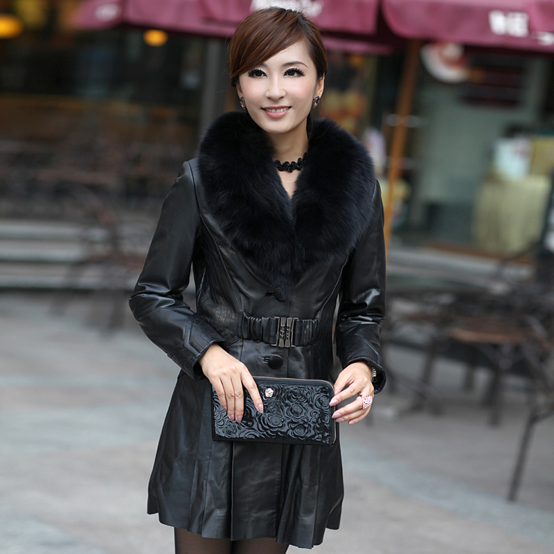 2012 winter women's sheepskin genuine leather outerwear fox fur neckline long design leather overcoat s1106-1 ems free shipping