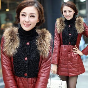 2012 winter women's slim fashion leather wadded jacket single breasted raccoon fur PU cotton-padded jacket