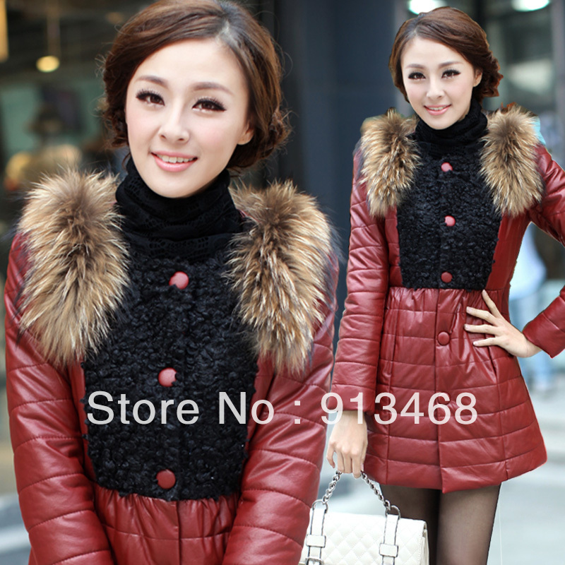 2012 winter women's slim fashion leather wadded jacket single breasted raccoon fur PU cotton-padded jacket