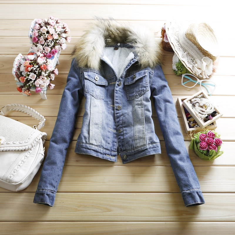 2012 winter women's thickening fleece long-sleeve denim short jacket raccoon fur disassembly