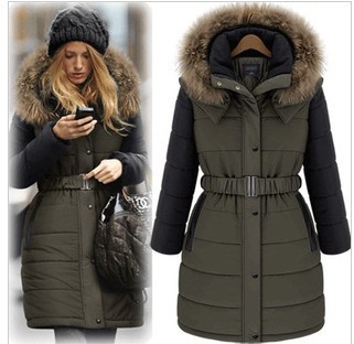 2012 winter womens wadded jacket long design down jacket raccoon fur thick hooded slim waist cotton-padded jacket outerwear coat