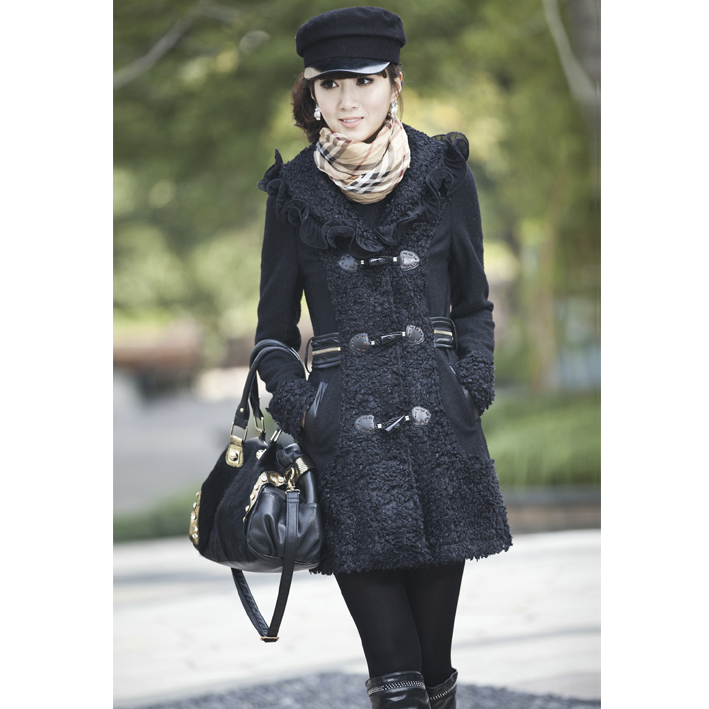 2012 winter woolen overcoat fur collar lace water washed leather decoration