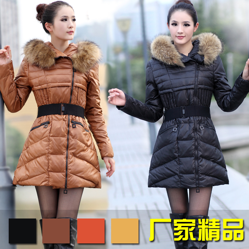 2012 with a hood slim oblique zipper medium-long large fur collar down coat ladies outerwear