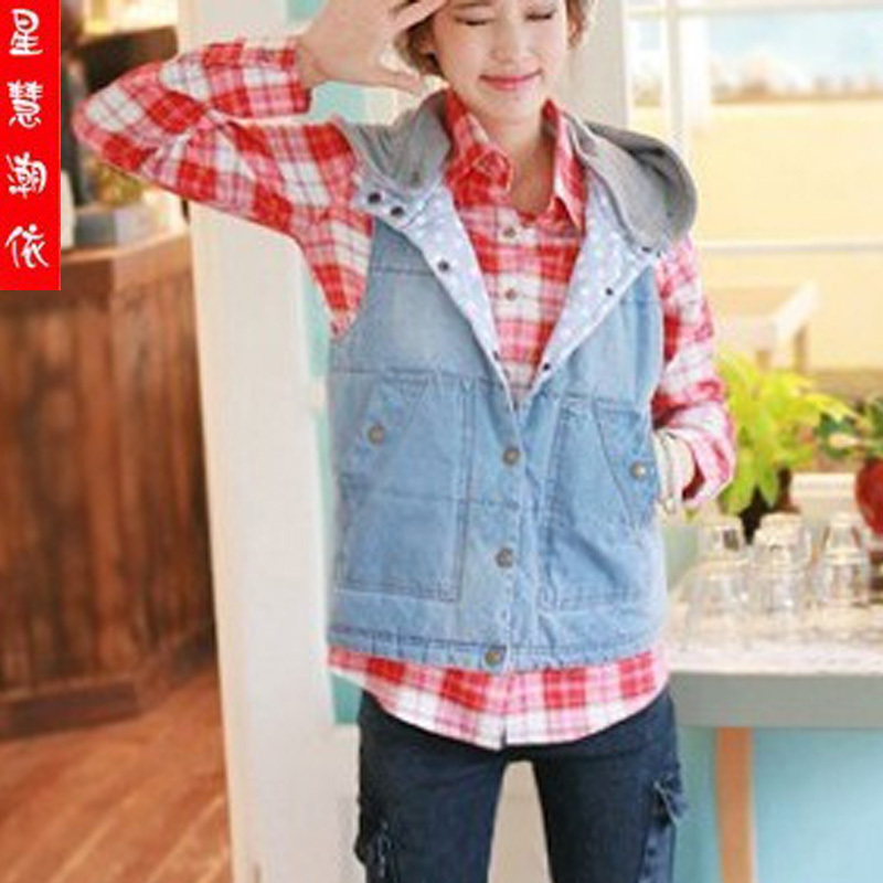 2012 with a hood thickening popper denim cotton vest loose plus size clothes vest outerwear