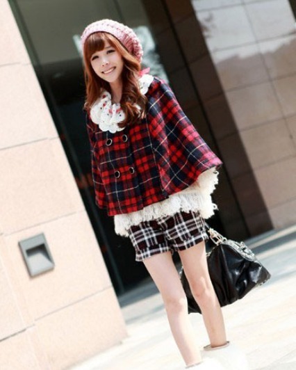 2012 wnter  fashion square plaid belt collar Jacket for women/  short design double breasted small cloak/ red,khaki, grey blue