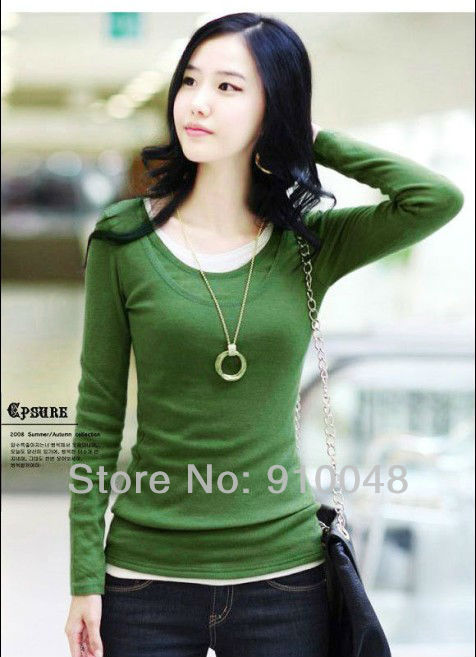 2012 women artificial 2 pcs/set long sleeve T-shirt / lady low collar bottom shirt / free shipping