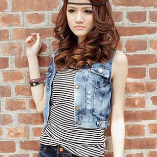 2012 Women casual sleeveless cardigan vest distrressed denim vest outerwear female