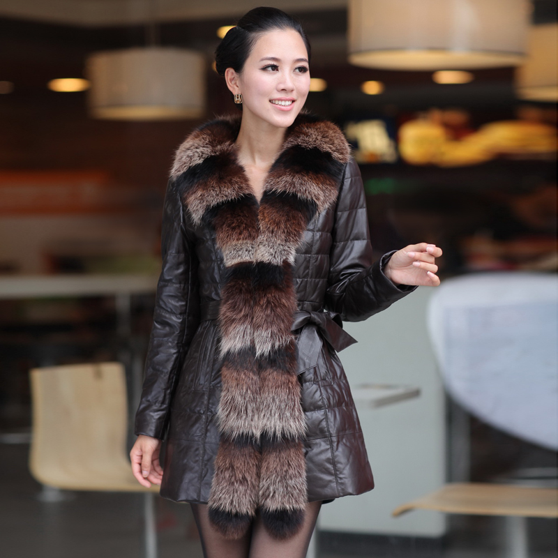 2012 women down jacket 2012 ultralarge fox fur sheepskin genuine leather clothes  belt paragraph women's down coat slim  k905