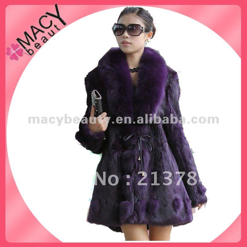 2012 Women fashion purple rex rabbit fur coat with big fox fur collar CF-1035