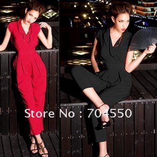 2012 Women Fashion Sleeveless Romper Strap Short casual Jumpsuit Scoop Black red color FREE SHIPPING