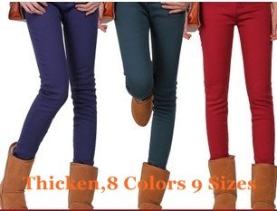 2012 Women Long Pants Boot Cut Jeans 8 Candy Color Skinny Tights Plus Large Thicken Fur Legging 9 Sizes