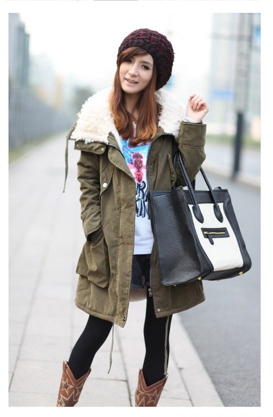 2012 Women Military Big Turn Down Collar Fur Inside Thicken Long Parka Windproof Trench Jacket  M-XL