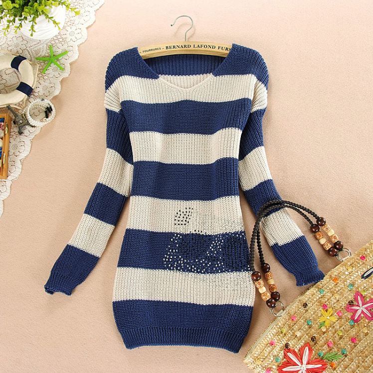 2012 women's all-match V-neck wide stripe rhinestones basic knitted sweater shirt