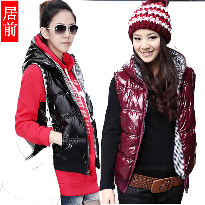 2012 women's autumn and winter hooded cotton vest thickening plaid positive and negative two ways vest 4015