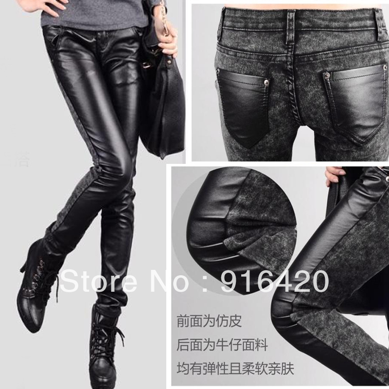 2012 women's autumn and winter PU pants legging denim patchwork leather pants plus velvet thick legging