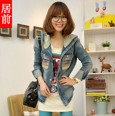 2012 women's autumn and winter with a hood denim outerwear women's outerwear slim denim coat d9431 , free shipping