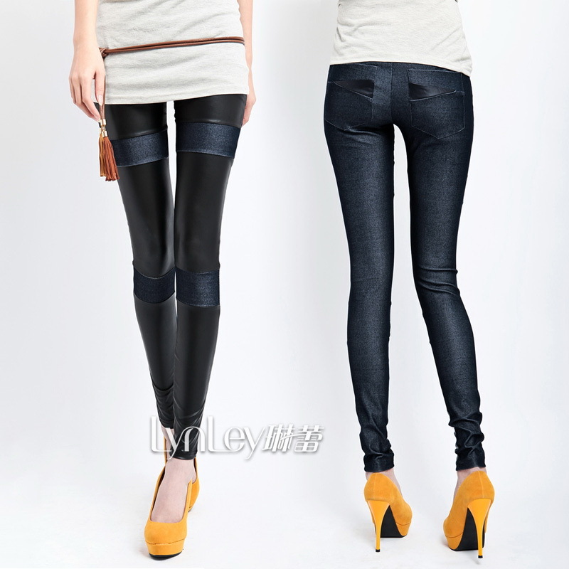 2012 women's autumn legging back pocket faux leather patchwork jeans