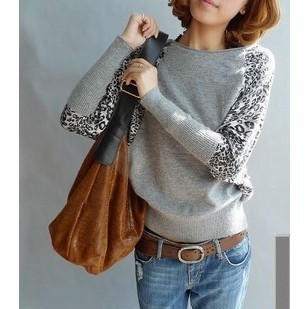 2012 women's autumn leopard print rabbit fur clothing batwing shirt loose fashion long-sleeve sweater basic shirt