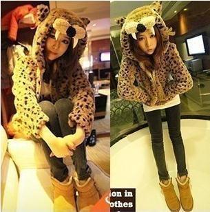 2012 Women's Autumn Winter Cute Leopard Head Print Plush Outerwear Jacket