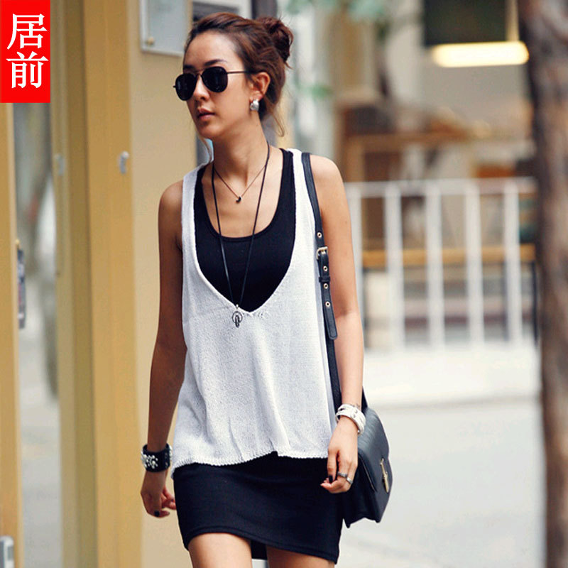 2012 women's b3502 color block decoration twinset sweater sleeveless medium-long slim hip vest