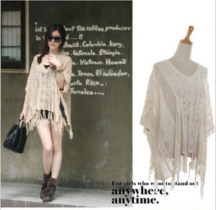 2012 women's batwing sleeve sweater cloak shoulder cape type cutout tassel sweater