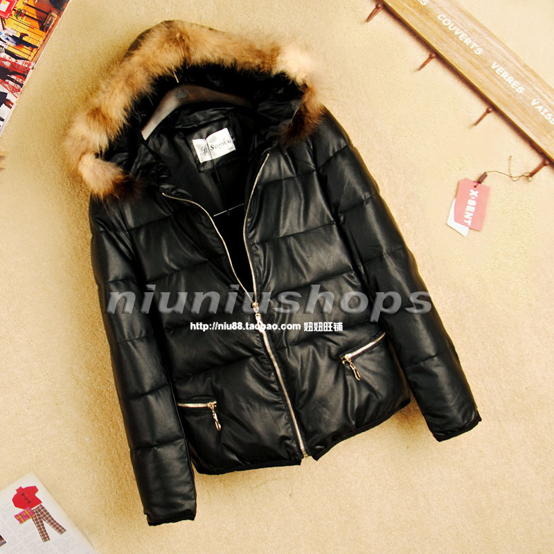 2012 women's belt raccoon fur cap water washed leather loose outerwear thermal down coat