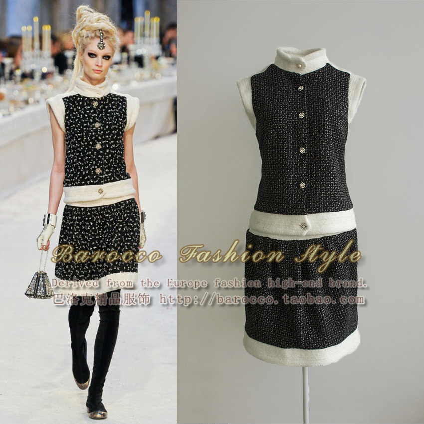 2012 women's black and white color block decoration small stand collar wool tweed fabric waistcoat top half-skirt twinset