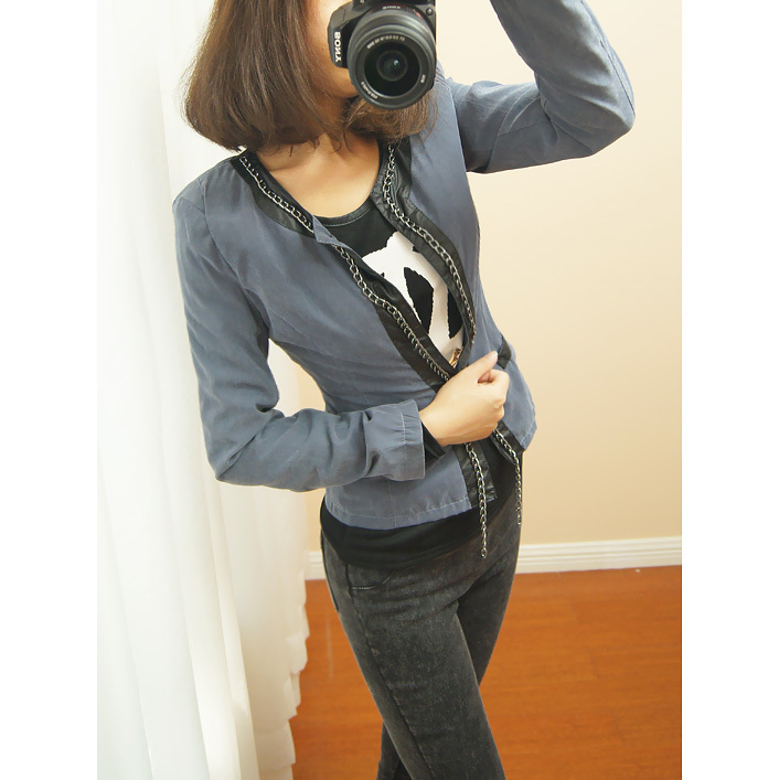 2012 women's brief slim patchwork chain pocket shoulder pads long-sleeve coat