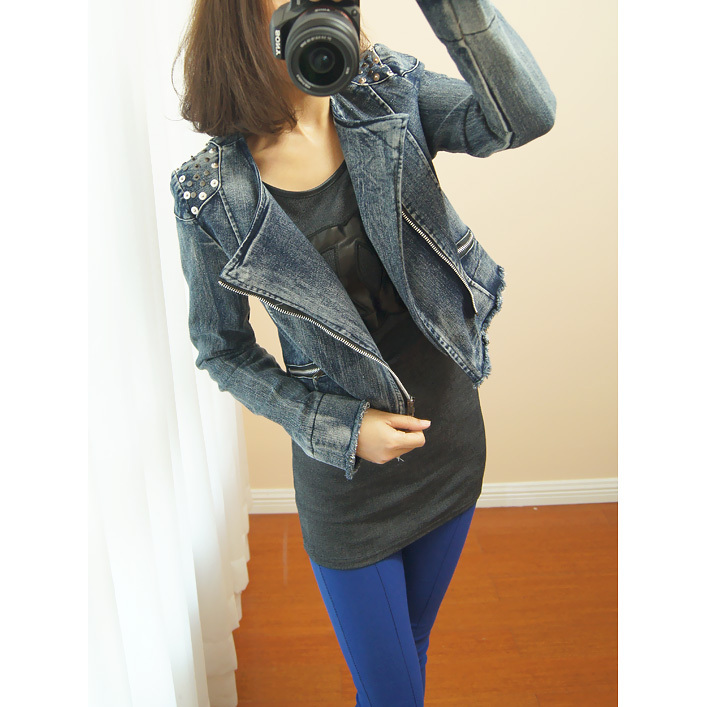 2012 women's brief wowed rivet shoulder pads moben zipper slim denim short jacket