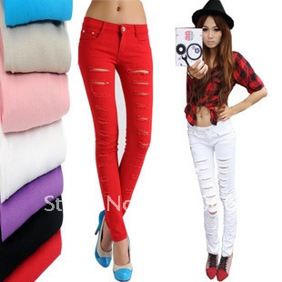 2012 women's candy multicolour jeans distrressed hole skinny pants pencil trousers 26 to 31 promotion free shipping