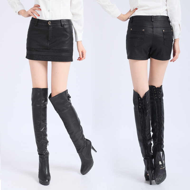 2012 women's casual culottes all-match PU water washed leather shorts slim rhinestones leather skorts