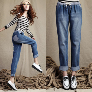 2012 women's casual fashion harem pants patchwork denim pants elastic waist jeans