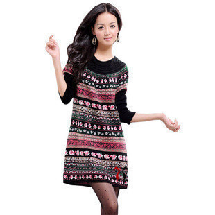 2012 women's computer jacquard medium-long one-piece dress o-neck long design sweater outerwear