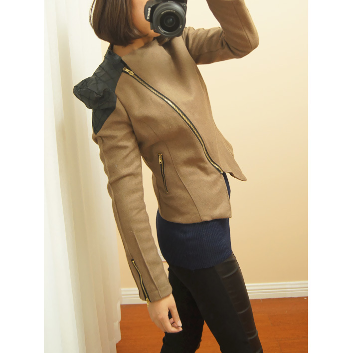 2012 women's cool metal zipper plaid water washed leather patchwork slim woolen short jacket