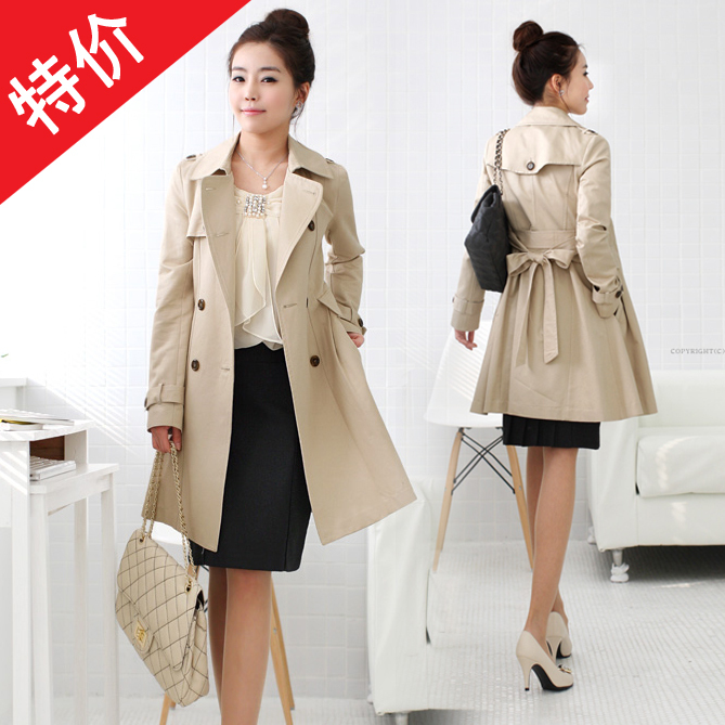 2012 women's double breasted medium-long plus size slim belt trench outerwear