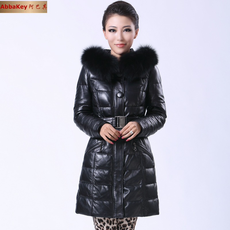 2012 women's down jacket fashion Leather  large fox fur sheepskin genuine leather   medium-long slim down down coat