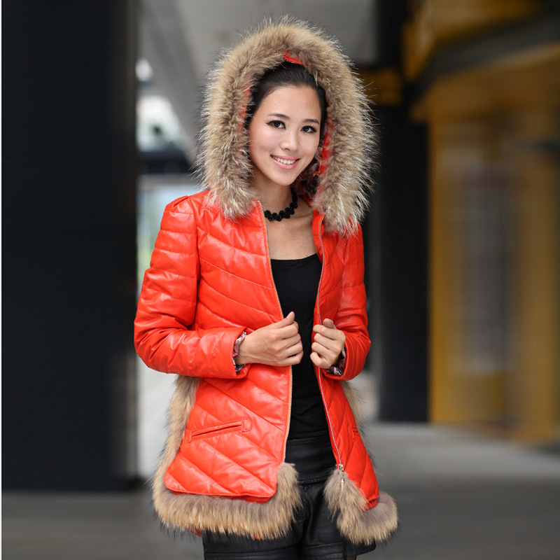 2012 women's down jacket fashion   winter  genuine leather   sheepskin  raccoon fur with a hood fur collar down coat