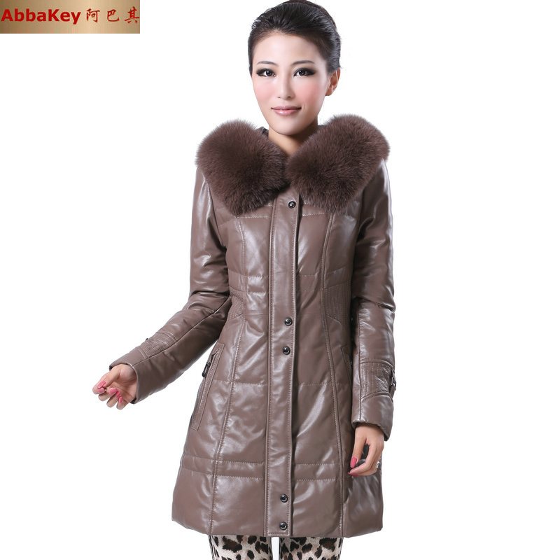 2012 women's down jacket fashion Winter ultralarge fox fur sheepskin genuine leather   medium-long slim down leather  down coat