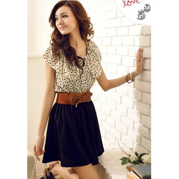 2012 women's elegant ruffle sweet polka dot slim waist chiffon one-piece dress belt