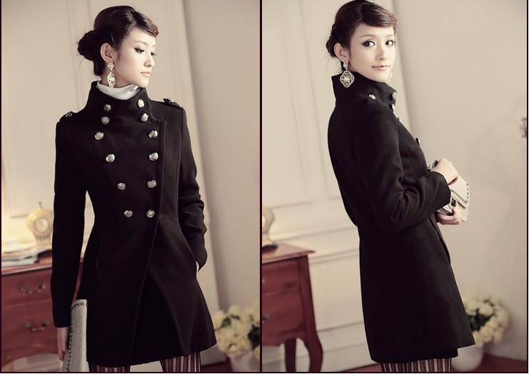 2012 women's elegant vintage military double breasted wool coat thick outerwear 9643