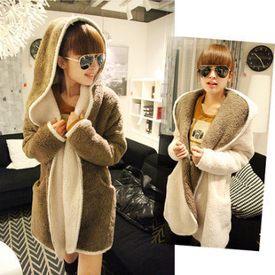 2012 women's fashion all-match plus velvet two ways color block decoration with a hood long design thermal long-sleeve cardigan